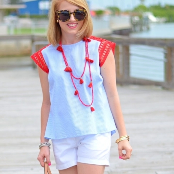 Maeve brand top size small blue white pinstripe red crochet fluff sleeve - Picture 1 of 8